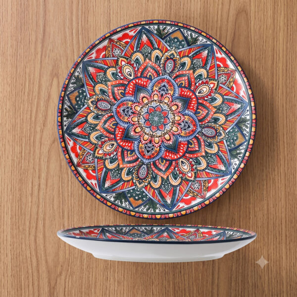 An upscale commercial table setting featuring a vibrant bohemian mandala ceramic dessert plate inside a themed bistro.
