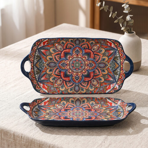 etailed side profile view of the integrated dual handles on a bohemian mandala rectangular ceramic baking dish.