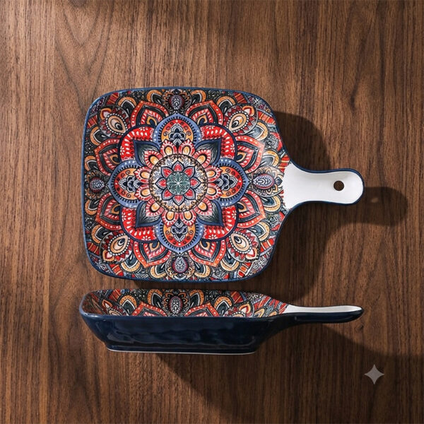 bohemian-mandala-single-handle-skillet-plating Wholesale Ceramic Baking Dish with Handle | Bulk Bohemian Mandala Square Casserole Pan