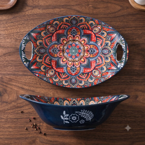 An elegant restaurant table setup featuring the bohemian mandala oval ceramic boat dish as a centerpiece sharing bowl.