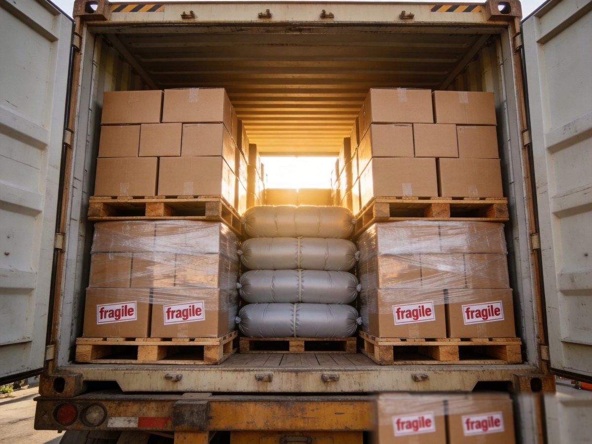 Ceramic Tableware Packaging & Shipping Guide: How to Minimize Damage in International Bulk Orders 2 Pallets with ceramic tableware packaging boxes secured inside shipping container with dunnage bags