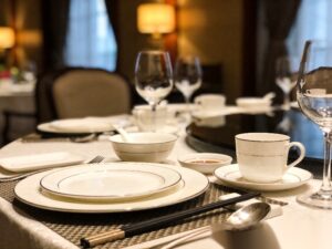 Elegant hotel ceramic tableware setting for fine dining hospitality