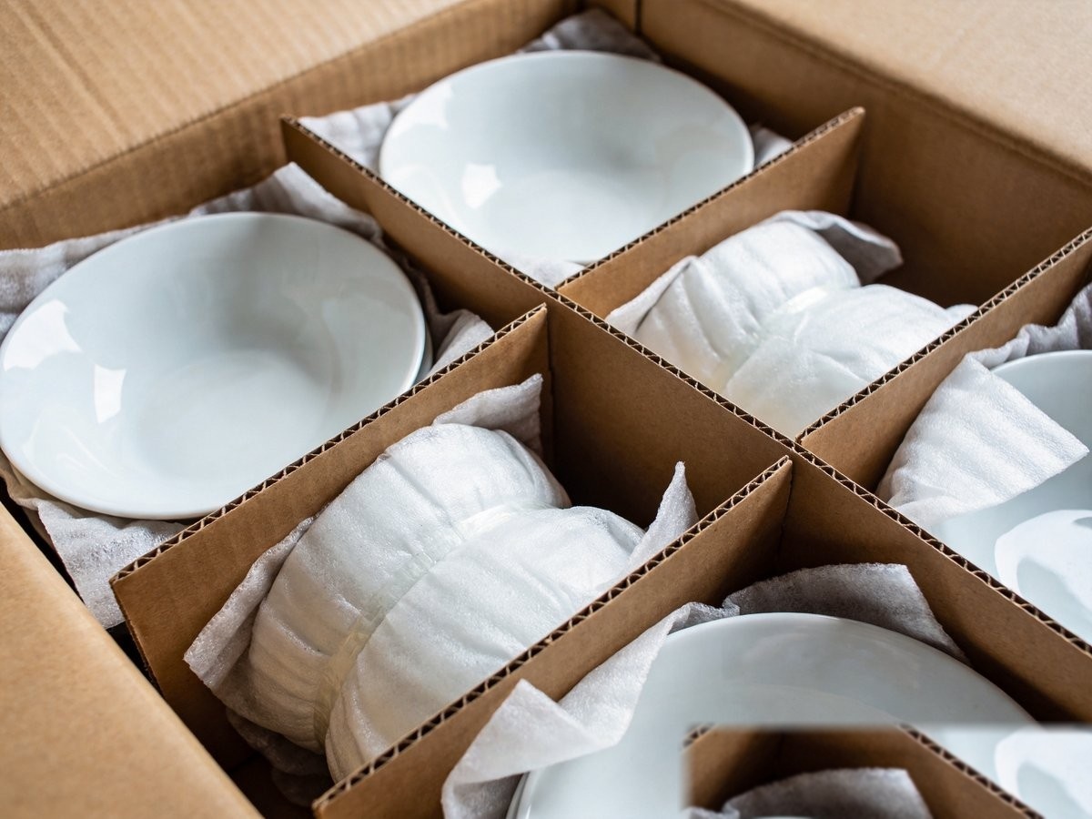 Ceramic Tableware Packaging & Shipping Guide: How to Minimize Damage in International Bulk Orders 1 Ceramic tableware packaging - plates wrapped in EPE foam with partition grid system