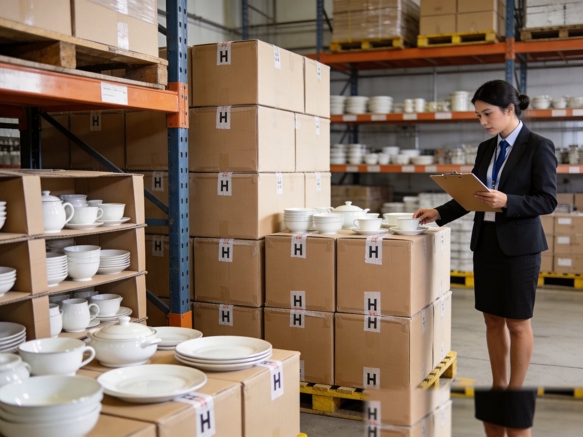 Ceramic Tableware Packaging & Shipping Guide: How to Minimize Damage in International Bulk Orders 3 Quality inspector examining ceramic tableware packaging in warehouse before shipment
