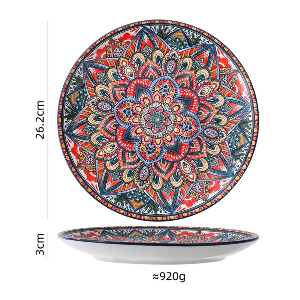 Top and side profile view of a wholesale bohemian ceramic dinner plate showing 26.2cm diameter, 3cm height, and 920g weight.