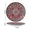 Top and side perspective of a wholesale bohemian ceramic salad plate showing 20.5cm diameter, 2cm height, and 438g weight.