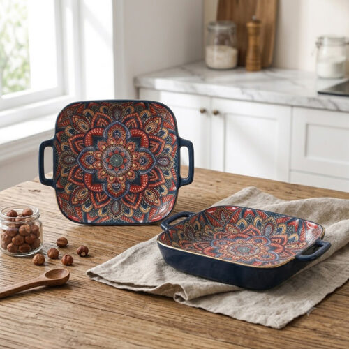 Wholesale Square Ceramic Baking Dish | Bulk Bohemian Mandala Casserole Pan with Handles