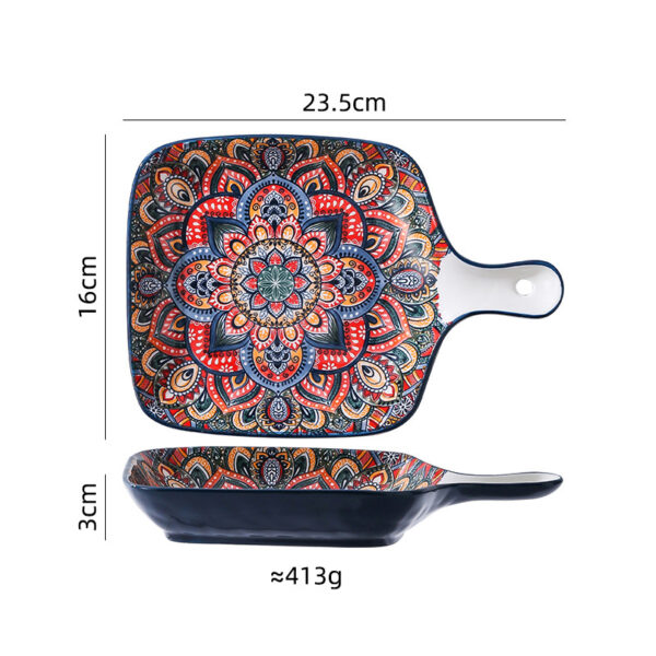 wholesale-ceramic-baking-dish-with-handle-specifications Top and side perspective of a wholesale ceramic baking dish with single handle showing 23.5cm length, 16cm width, and 413g weight.