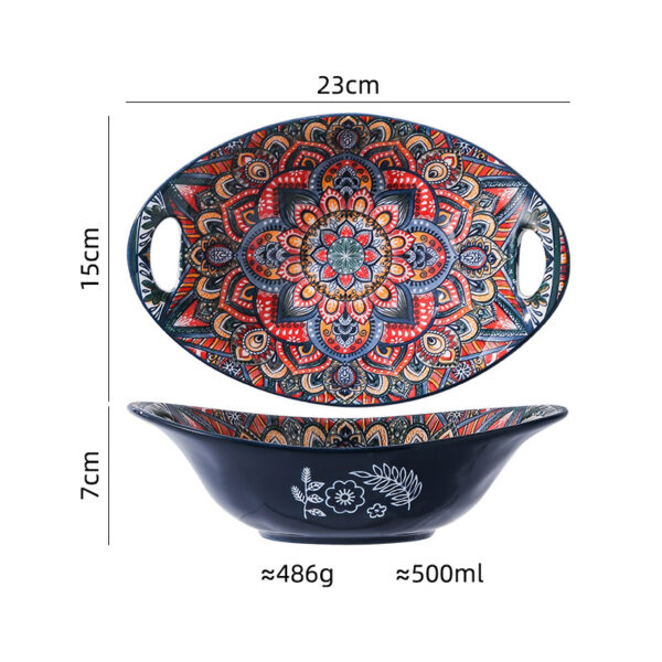 Top and side profile of a wholesale oval ceramic serving bowl with handles showing 23cm length, 15cm width, 7cm height, and 500ml capacity.