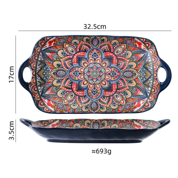 Top and side view of a wholesale rectangular ceramic serving platter with handles showing 32.5cm dimensions and weight.