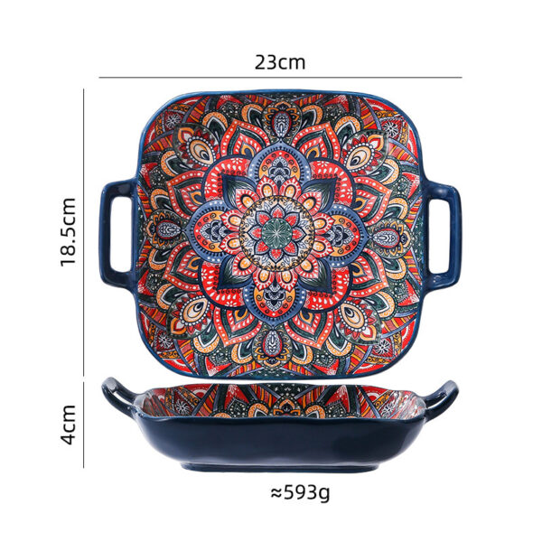 Top and side view of a wholesale square ceramic baking dish with handles showing 23cm length, 18.5cm width, and 593g weight.