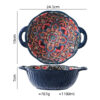 Top and side view of a wholesale round ceramic baking dish with handles showing 24.5cm diameter, 1100ml capacity, and weight.