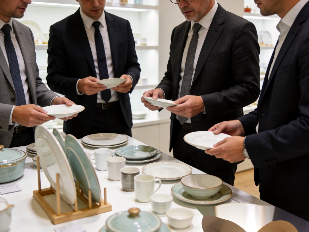 Ceramic Tableware Wholesale from China: A Complete Purchasing Guide for B2B Buyers 1 B2B buyers examining ceramic tableware wholesale samples at factory showroom