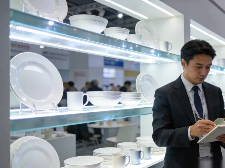 Canton Fair ceramic vendor checklist with buyers evaluating tableware at a trade show booth