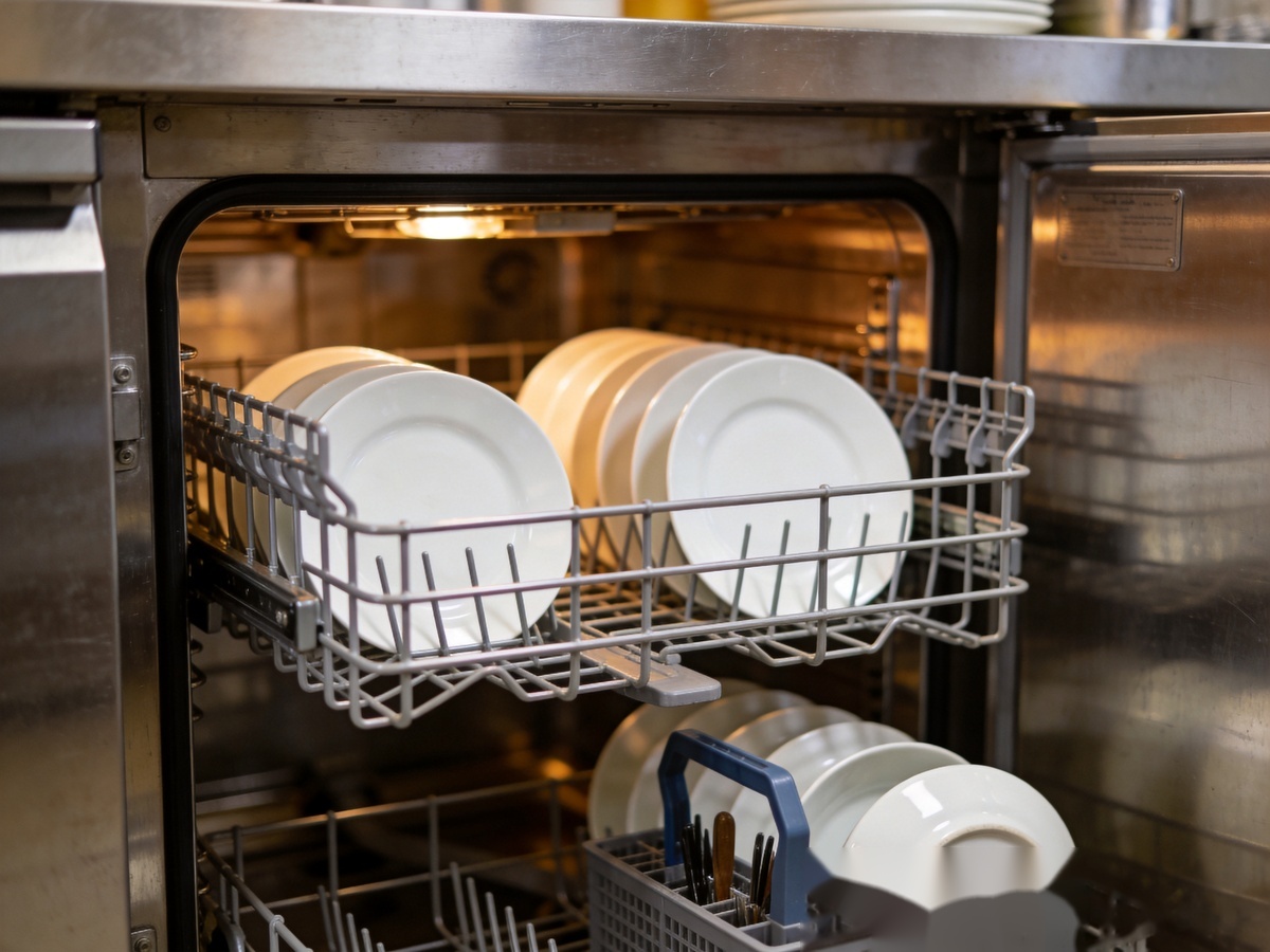 Ceramic Microwave and Dishwasher Safety: Complete Standards Guide for B2B Tableware Buyers 3 Ceramic dishwasher safety testing - tableware loaded in industrial dishwasher for durability assessment