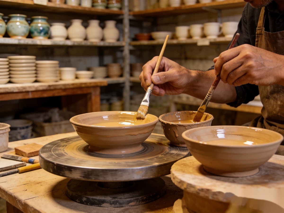 Ceramic Glaze Types and Food Safety: A Complete Guide for Tableware Buyers 4 Ceramic glaze types application process showing artisan glazing bowls in factory workshop
