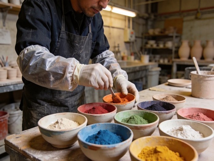 glaze technician carefully mixing ceramic color pigments in small bowls at a factory workshop for custom mug production