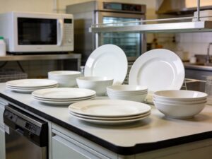 Ceramic microwave dishwasher safety - professional tableware testing in commercial kitchen
