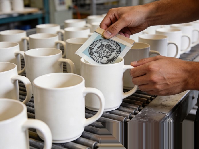 custom logo ceramic mugs showing screen printing and decal customization methods for corporate gifts