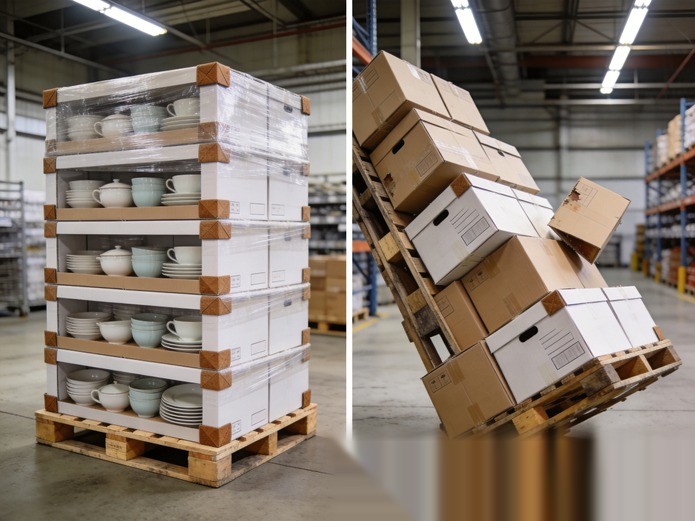 proper versus improper pallet stacking methods for ceramic dinnerware boxes in warehouse storage
