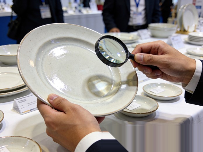 quality inspector examining ceramic plate glaze surface with magnifying glass at a Canton Fair booth