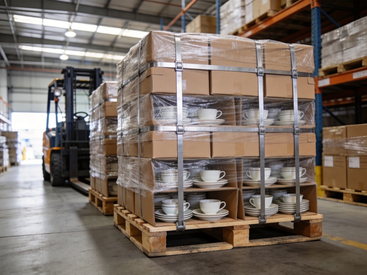 Ceramic Packaging and Shipping Best Practices: Complete Guide for B2B Tableware Importers 3 ceramic packaging and shipping warehouse with pallets ready for ocean freight
