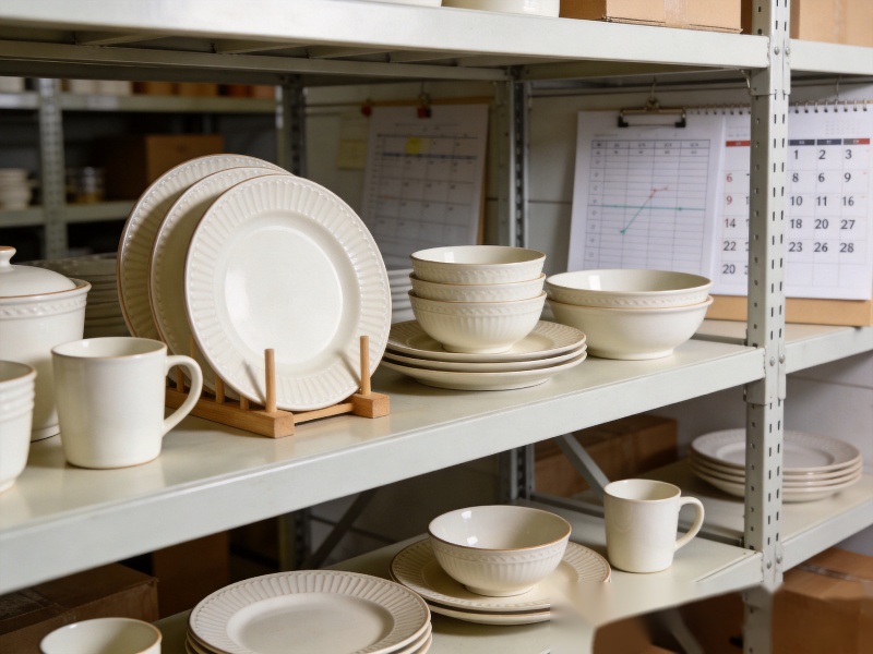 Ceramic tableware seasonal sourcing calendar - premium tableware on warehouse shelving