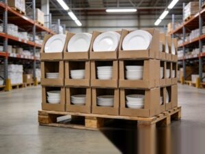 bulk ceramic tableware storage boxes neatly stacked on wooden pallets in a clean warehouse for climate control guide
