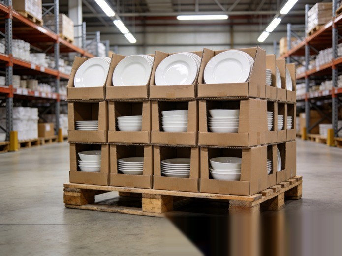 bulk ceramic tableware storage boxes neatly stacked on wooden pallets in a clean warehouse for climate control guide
