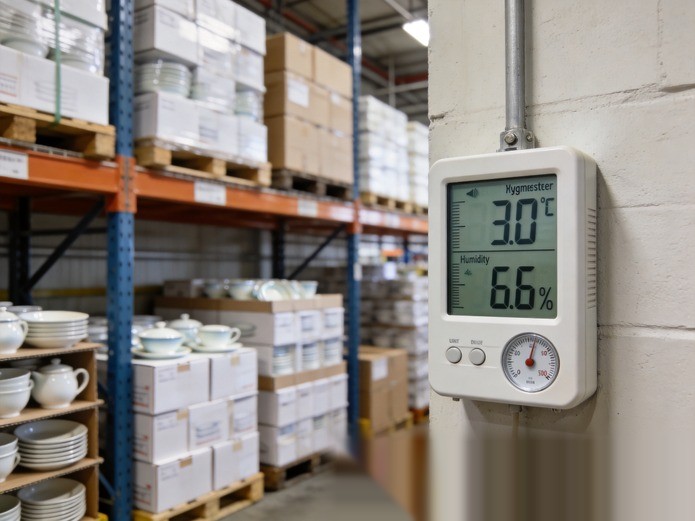 digital hygrometer and thermometer monitoring humidity levels for ceramic tableware inventory protection