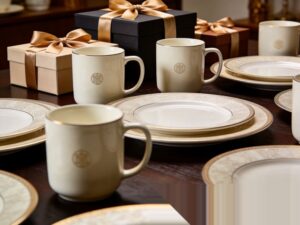 corporate gifting ceramic tableware including branded mugs and dinner sets arranged for promotional display