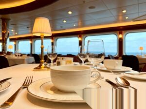 cruise line ceramic dinnerware set elegantly arranged on white tablecloth for commercial dining service