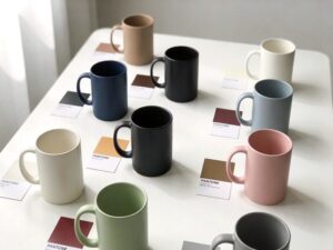 custom color matching ceramic mugs displayed with Pantone color swatch cards on a clean white studio table for private label buyers