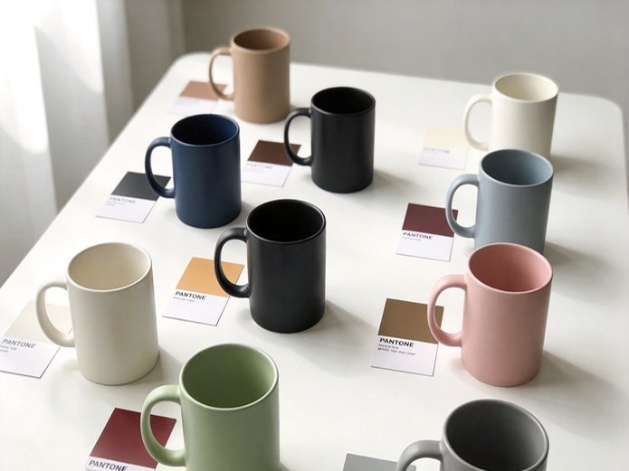 custom color matching ceramic mugs displayed with Pantone color swatch cards on a clean white studio table for private label buyers