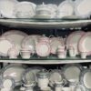 European Floral Border Porcelain Tableware - Three Color Collection Wholesale European floral border porcelain tableware collection in rose pink, misty blue and silver gray colors