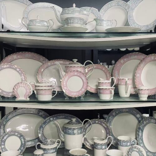 European Floral Border Porcelain Tableware - Three Color Collection Wholesale European floral border porcelain tableware collection in rose pink, misty blue and silver gray colors