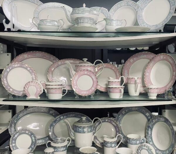 European Floral Border Porcelain Tableware - Three Color Collection Wholesale European floral border porcelain tableware collection in rose pink, misty blue and silver gray colors
