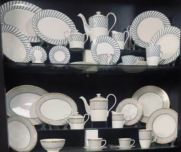Gold Rim Stripe and Plaid Pattern Dinnerware Collection European gold rim dinnerware collection with stripe and plaid weave patterns for wholesale bulk orders