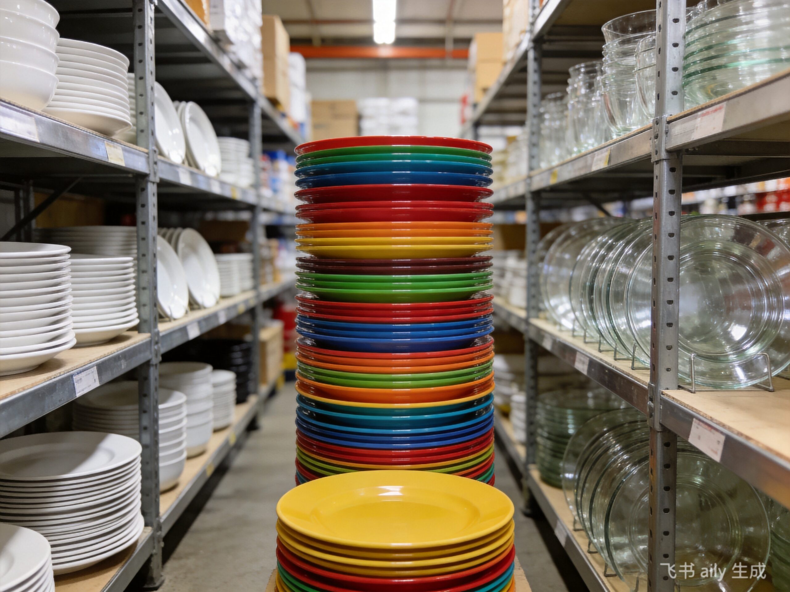 stacked ceramic melamine and glass plates in warehouse storage