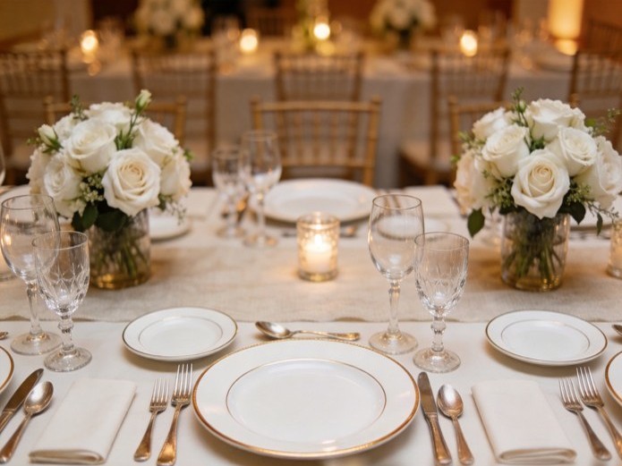 wedding rental ceramic tableware set with gold-rimmed plates arranged on a decorated wedding reception table for event rental businesses