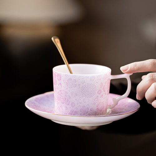 Pink embossed ceramic cup and saucer wholesale with floral pattern