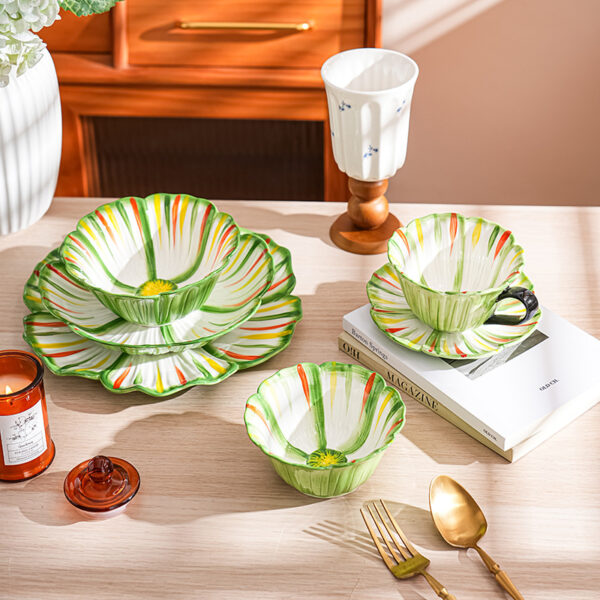 Green floral ceramic tableware set with plates and bowls