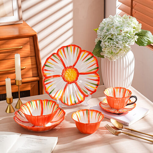 Floral ceramic dinnerware wholesale set with green botanical flower design