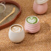Pink and white Japanese ceramic tea cups with smooth glazed finish