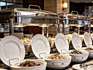 ceramic buffet tableware displayed on stainless steel chafing stands in a commercial restaurant buffet setup