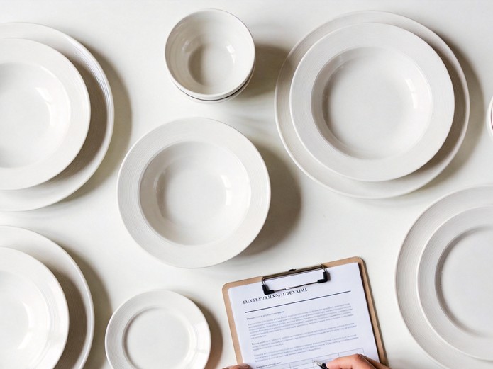 procurement buyer reviewing ceramic test report checklist with white dinnerware samples arranged on table