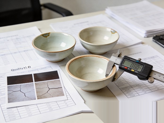 ceramic quality claims documentation showing inspection reports next to defective ceramic bowls with measurement tools