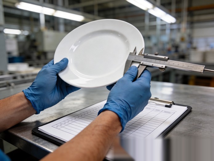 Quality control inspector measuring ceramic plate thickness with calipers during mold development sample evaluation