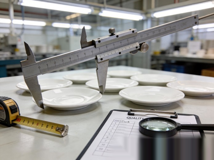 pre-shipment ceramic inspection with calipers measuring plates and quality checklist clipboard for batch acceptance