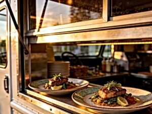 ceramic tableware for food trucks displaying gourmet street food at a modern mobile kitchen serving window